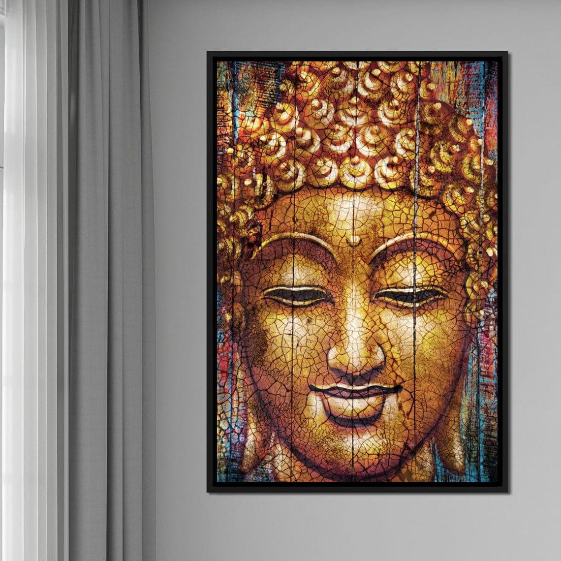 Golden Buddha Face Crackle Texture Warm Spiritual Wall Art Print - Image 2