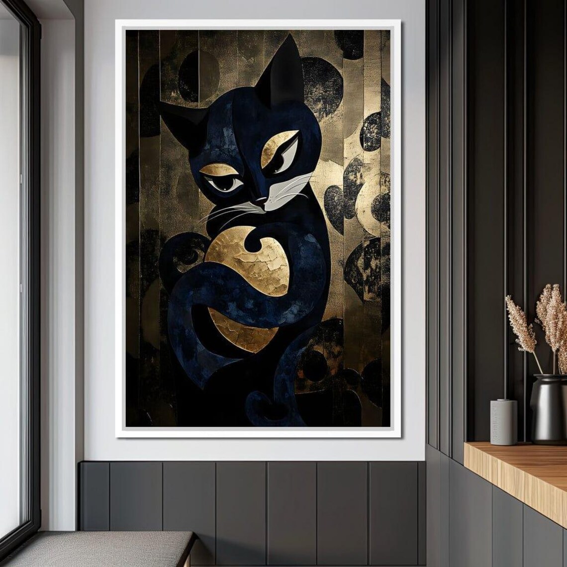 Black Cat and Golden Moon Stylized Modern Feline Art Deco Wall Art Poster - Image 3