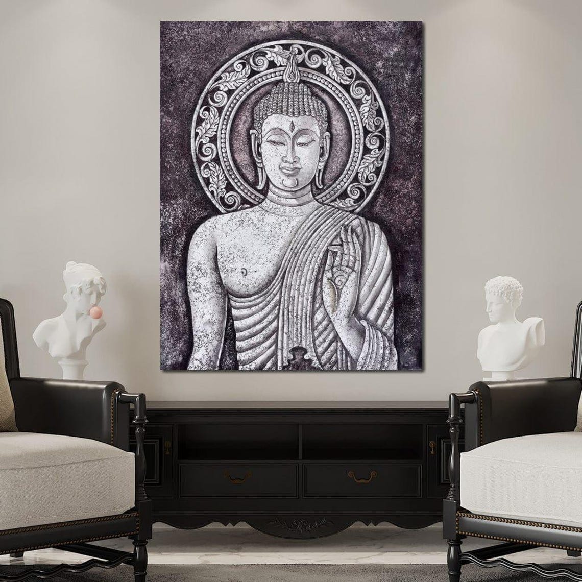 Grey Stone Buddha Monochrome Meditative Zen Spiritual Calm Wall Art - Image 4