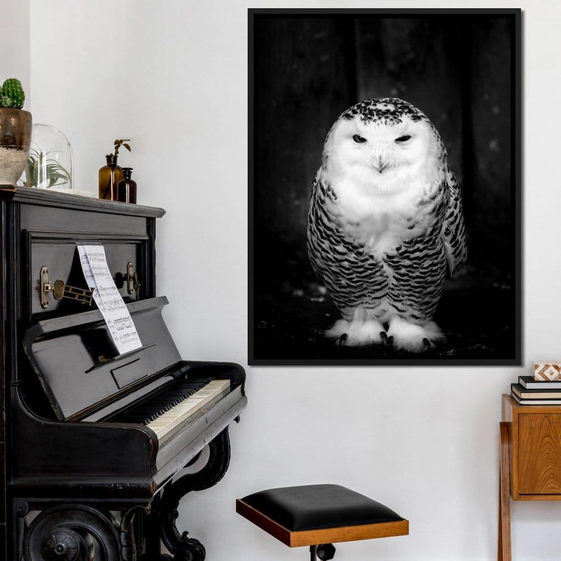Black And White Snowy Owl Portrait Front View Minimalist Art Poster