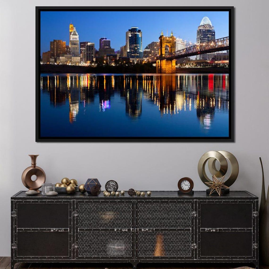 Cincinnati Skyline Night Bridge Reflection River Lights Travel Poster