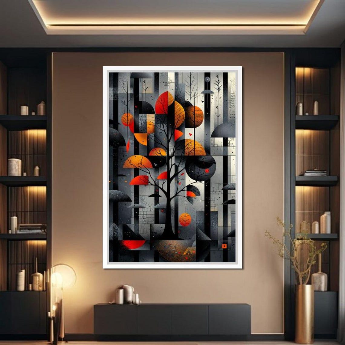 Geometric Dance Of Autumn Leaves Red Gold Tree Modern Poster - Image 2