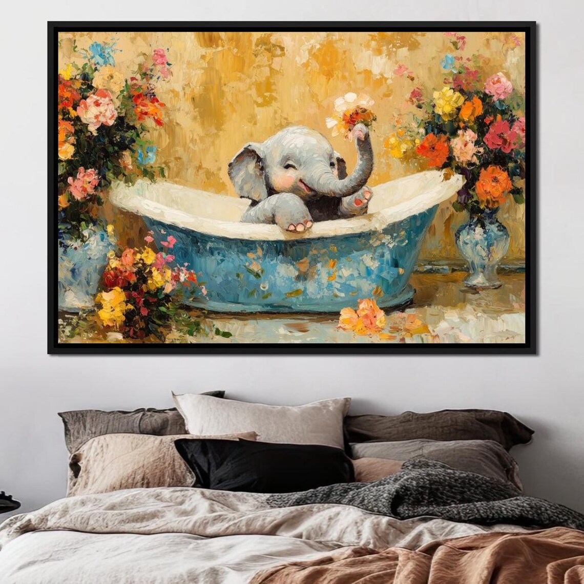 Baby Elephant Floral Bathtub Cute Whimsical Flower Bath Animal Wall Print - Image 4