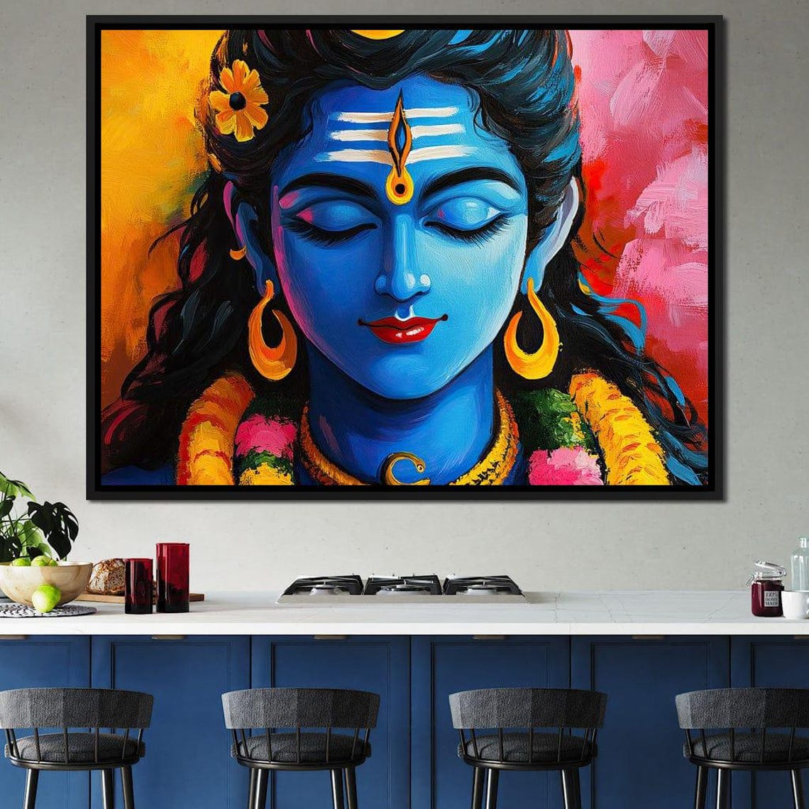 Meditating Krishna Blue Deity Flower Garlands Vibrant Hindu Art Poster - Image 3