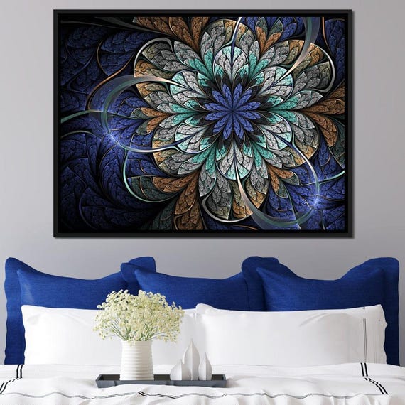 Blue And Gold Fractal Flower Abstract Geometric Mandala Wall Art Modern Print Contemporary Decor By Nichecanvas