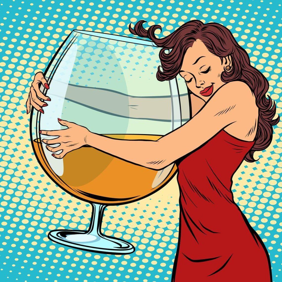 Pop Art Woman Hugging Giant Wine Glass Teal Polka Dot Fun Kitchen Poster - Image 2