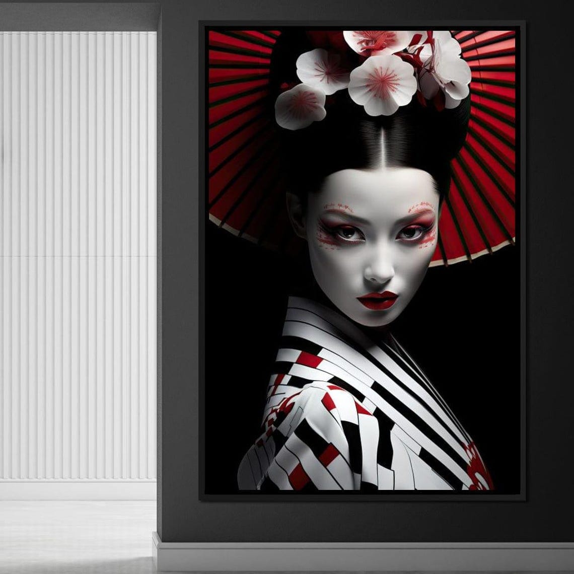 Geisha Portrait Red Parasol Japanese Beauty Art Print Asian Wall Decor