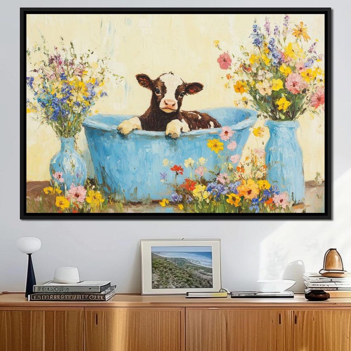 Calf In Blue Tub Wildflower Vases Whimsical Farmhouse Wall Art Poster