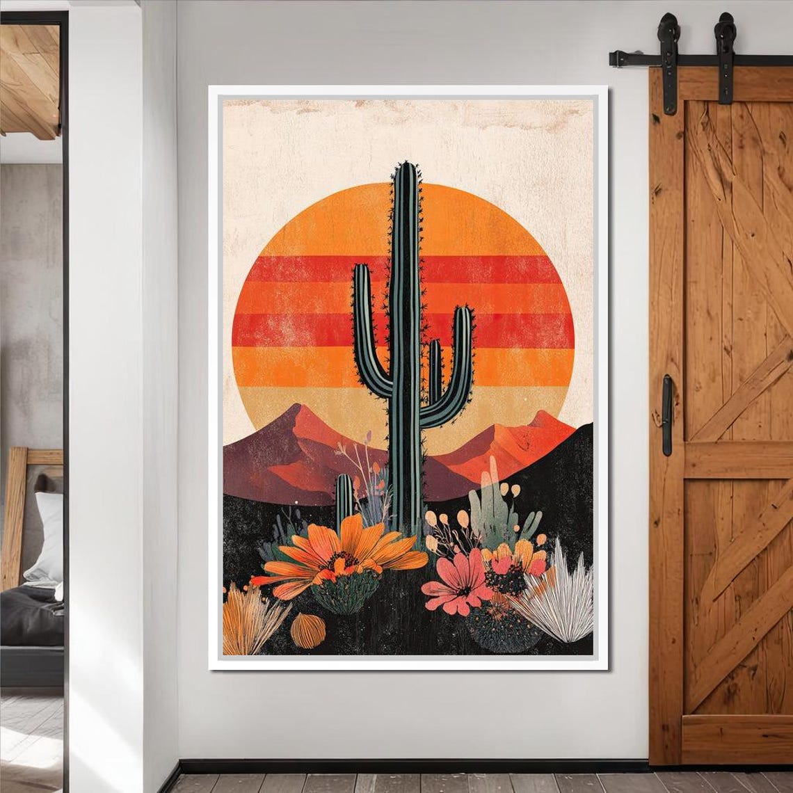 Saguaro Cactus Orange Striped Sun Retro Desert Sunset Wall Art Print - Image 2