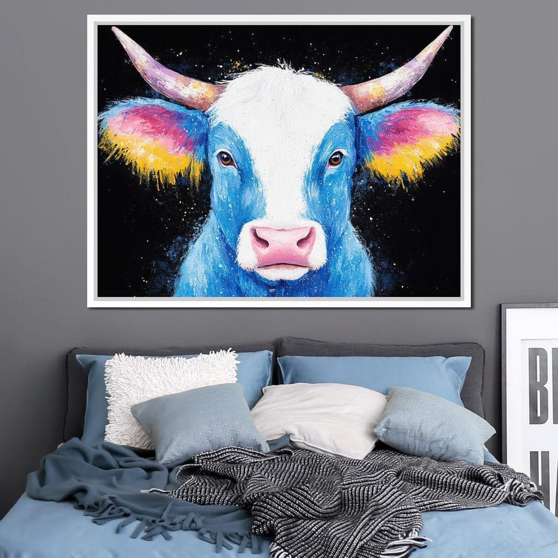 Blue Cow Portrait Rainbow Ears Colorful Pop Animal Art Wall Art Poster