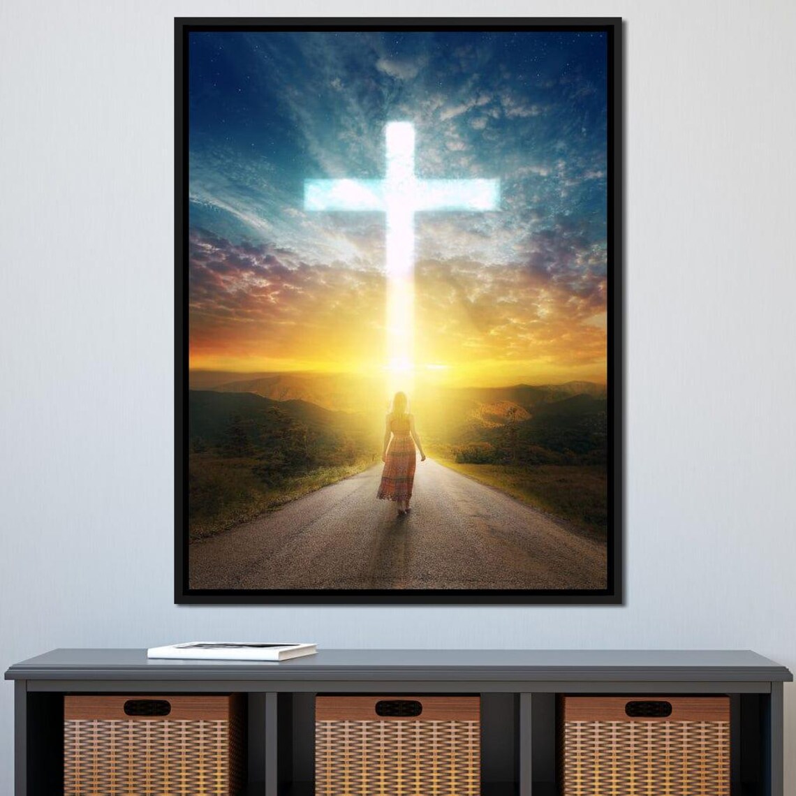 Faith Road Glowing Cross Sunset Journey Hopeful Spiritual Christian Poster - Image 2