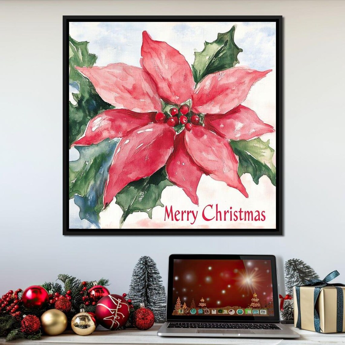 Red Poinsettia Watercolor Merry Christmas Floral Holiday Art Poster