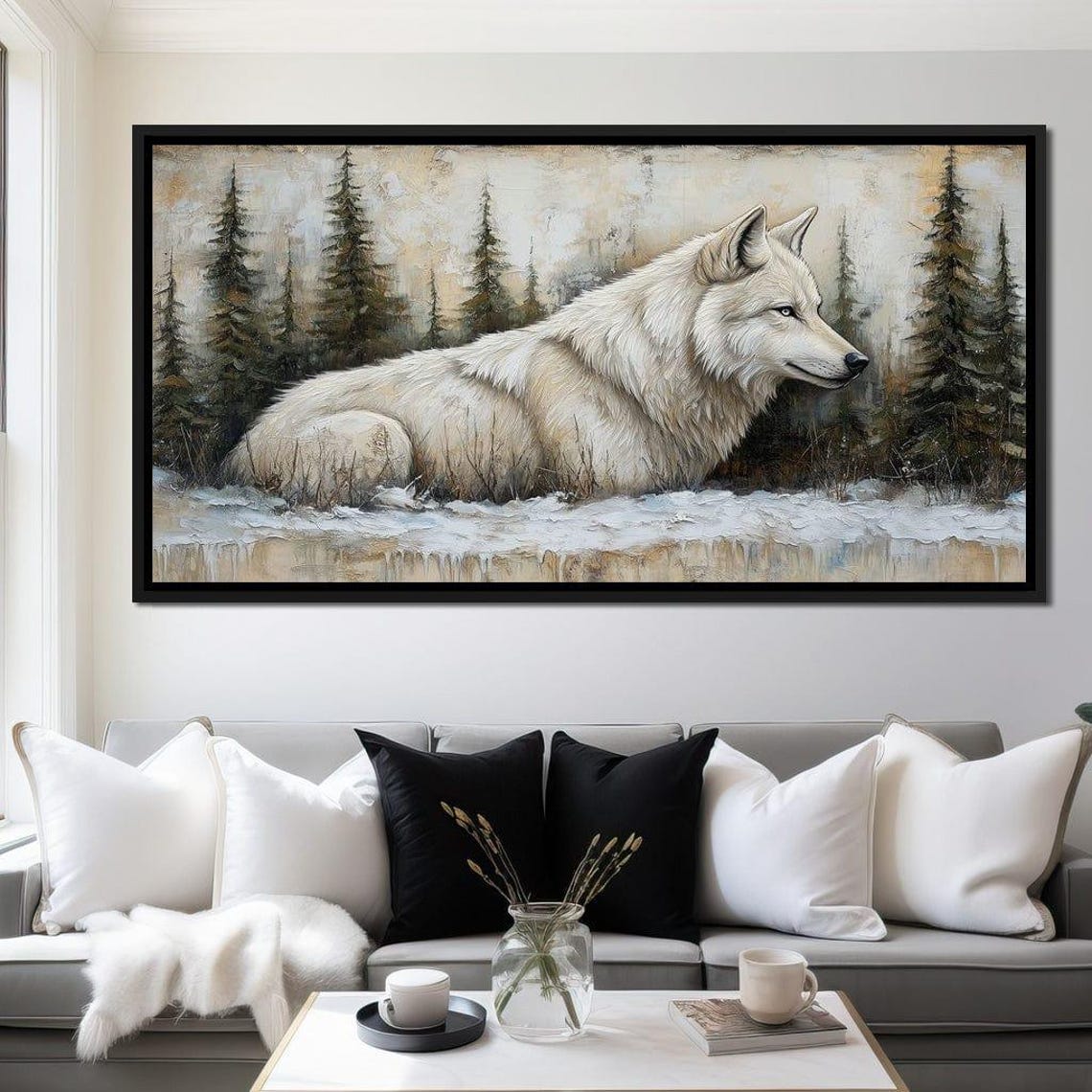 White Wolf Snowy Pine Forest Winter Landscape Wildlife Wall Art Print - Image 2