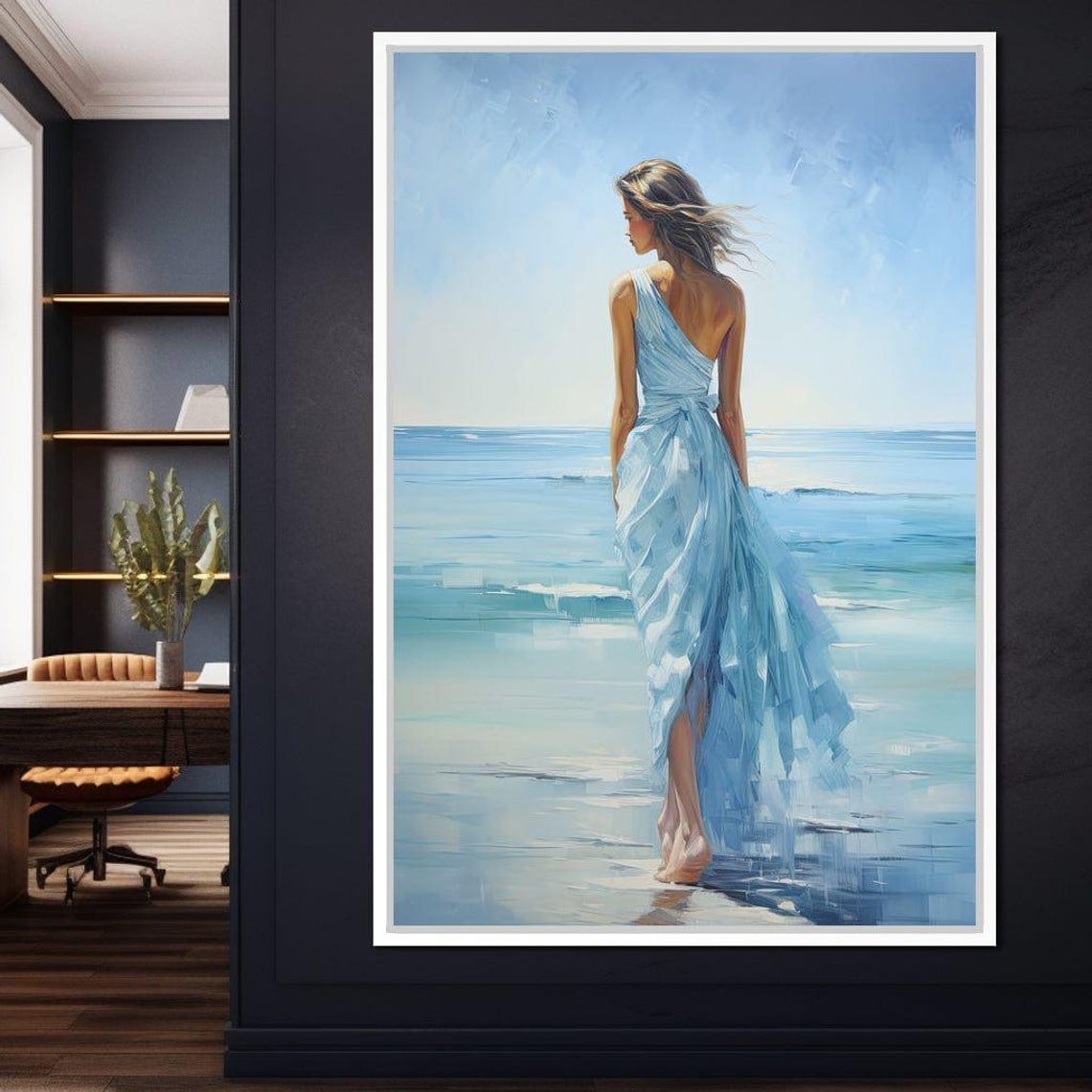 Woman Blue Dress Ocean Edge Calm Sea Coastal Serene Wall Art Print - Image 2