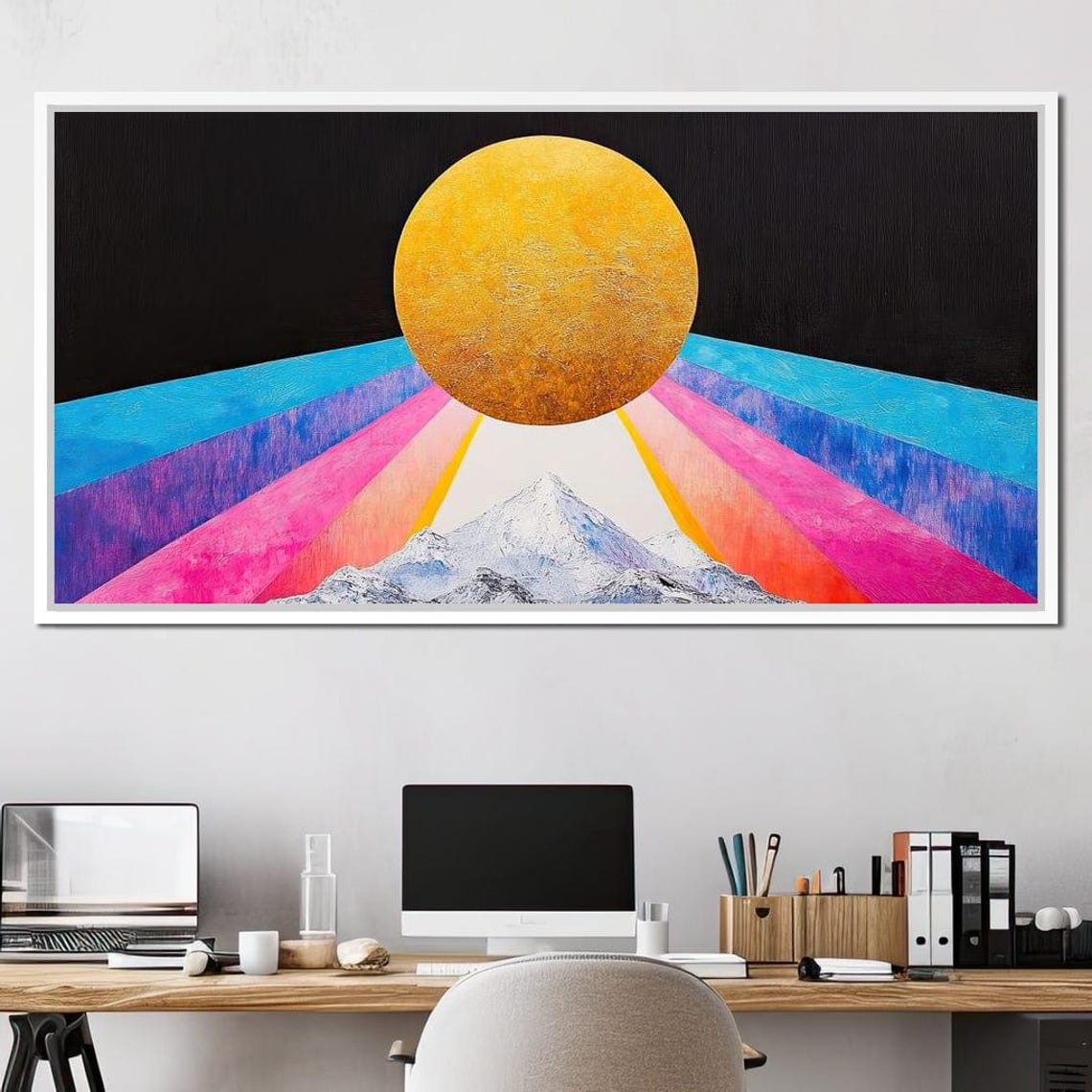 Golden Sun Snow Peak Rainbow Rays Abstract Geometric Mountain Print - Image 3