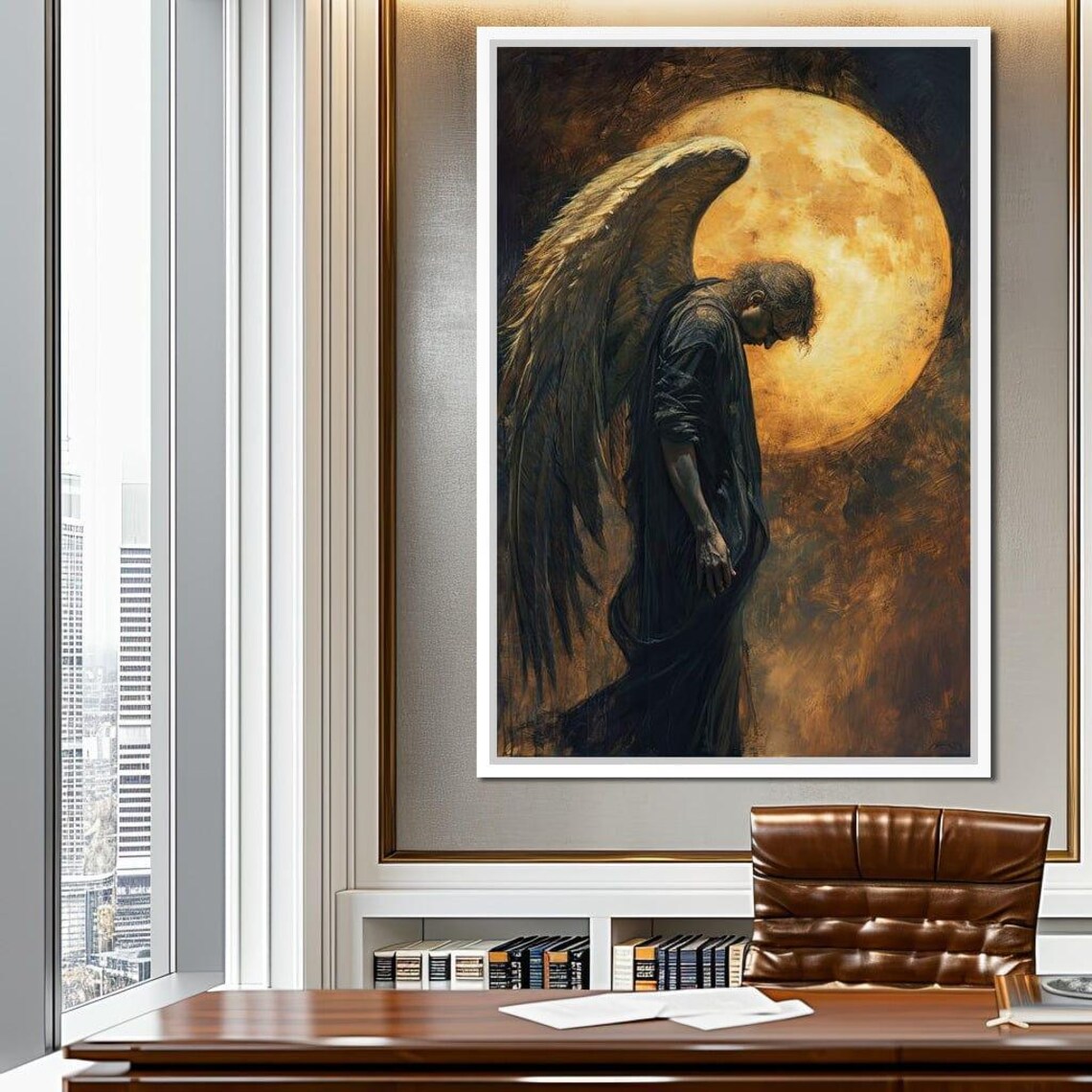 Dark Angel Bowing Golden Full Moon Feathered Wings Gothic Fantasy Art Poster - Image 3