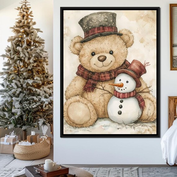 Teddy Bear And Snowman Wearing Winter Hats Vintage Xmas Poster