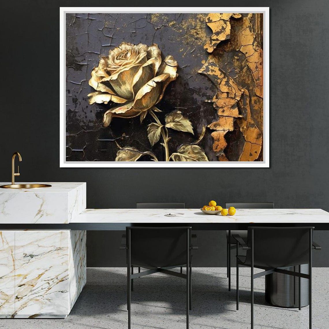 Golden Rose Cracked Black Gold Texture Vintage Botanical Print - Image 3