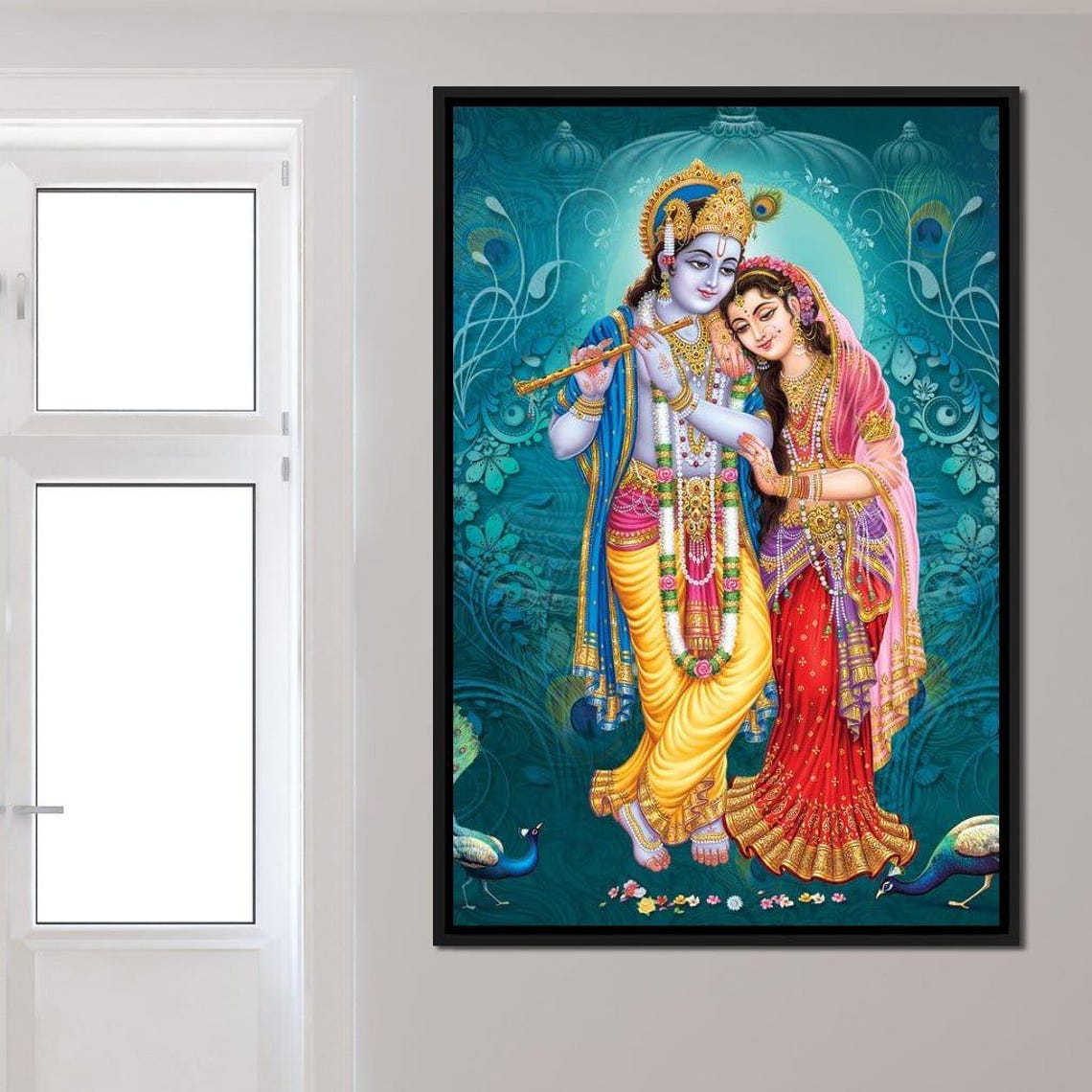 Radha Krishna Divine Couple Colorful Hindu Spiritual Peacock Wall Art - Image 2