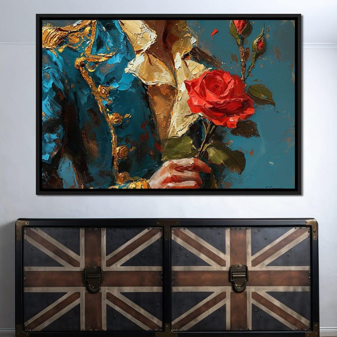 Red Rose and Blue Military Coat Romantic Oil Painting Floral Wall Art