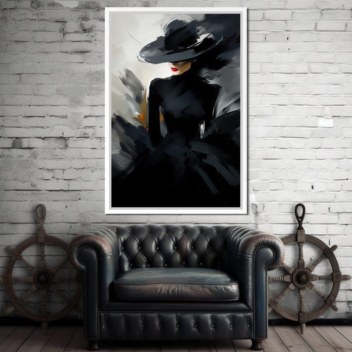 Black White Fashion Woman Wide Brim Hat Red Lips Minimalist Poster - Image 3