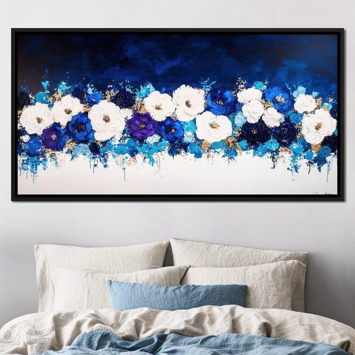 Nocturnal Blue White Purple Flowers Gold Flecks Impasto Floral Poster