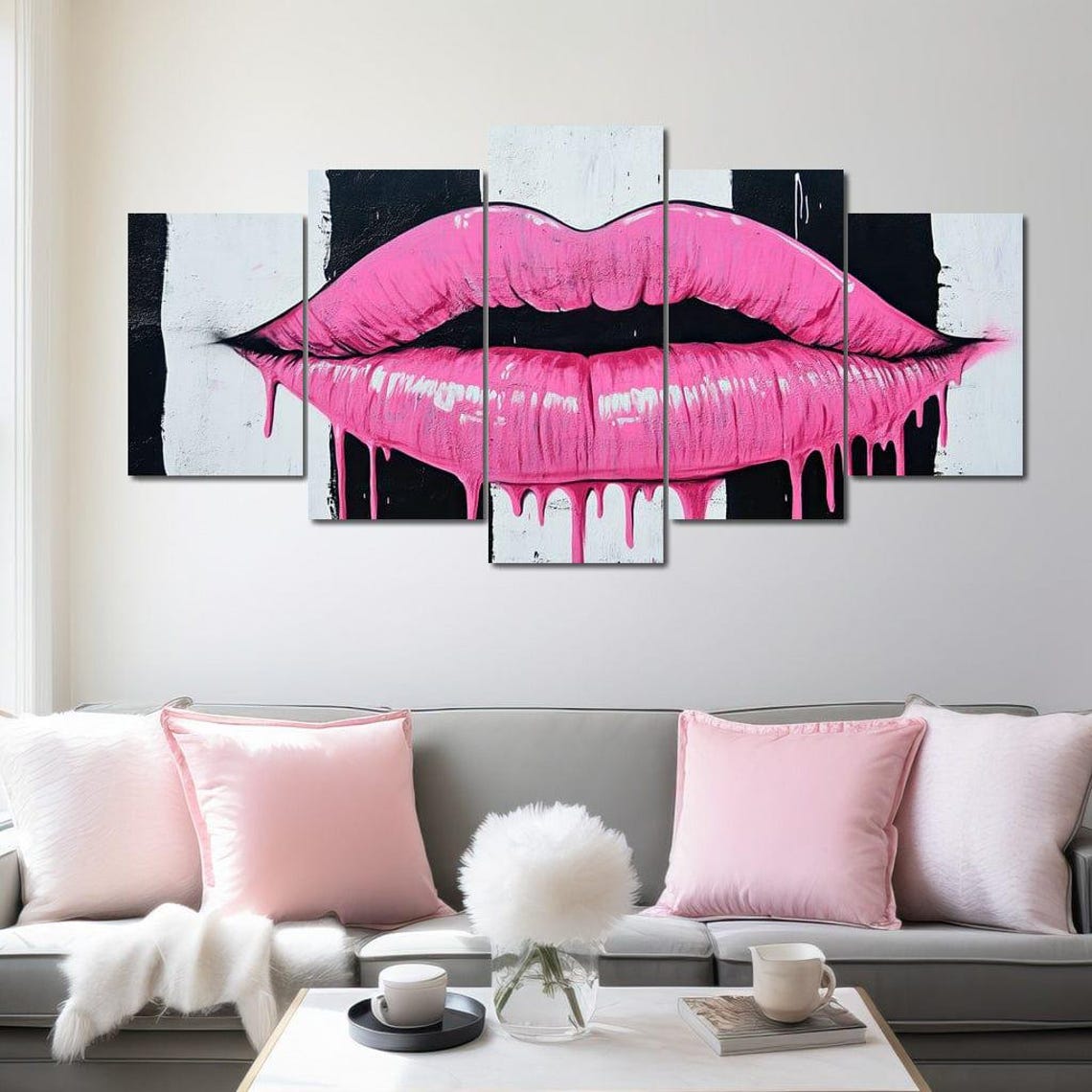 Vibrant Dripping Lips On Stripes Pop Art Decor Bold Pink Home Decor Contemporary Artistic Wall Art By Nichecanvas - Image 4