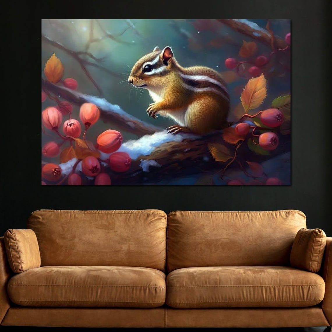 Adorable Chipmunk on Snowy Winter Branch With Red Berries Poster - Image 3