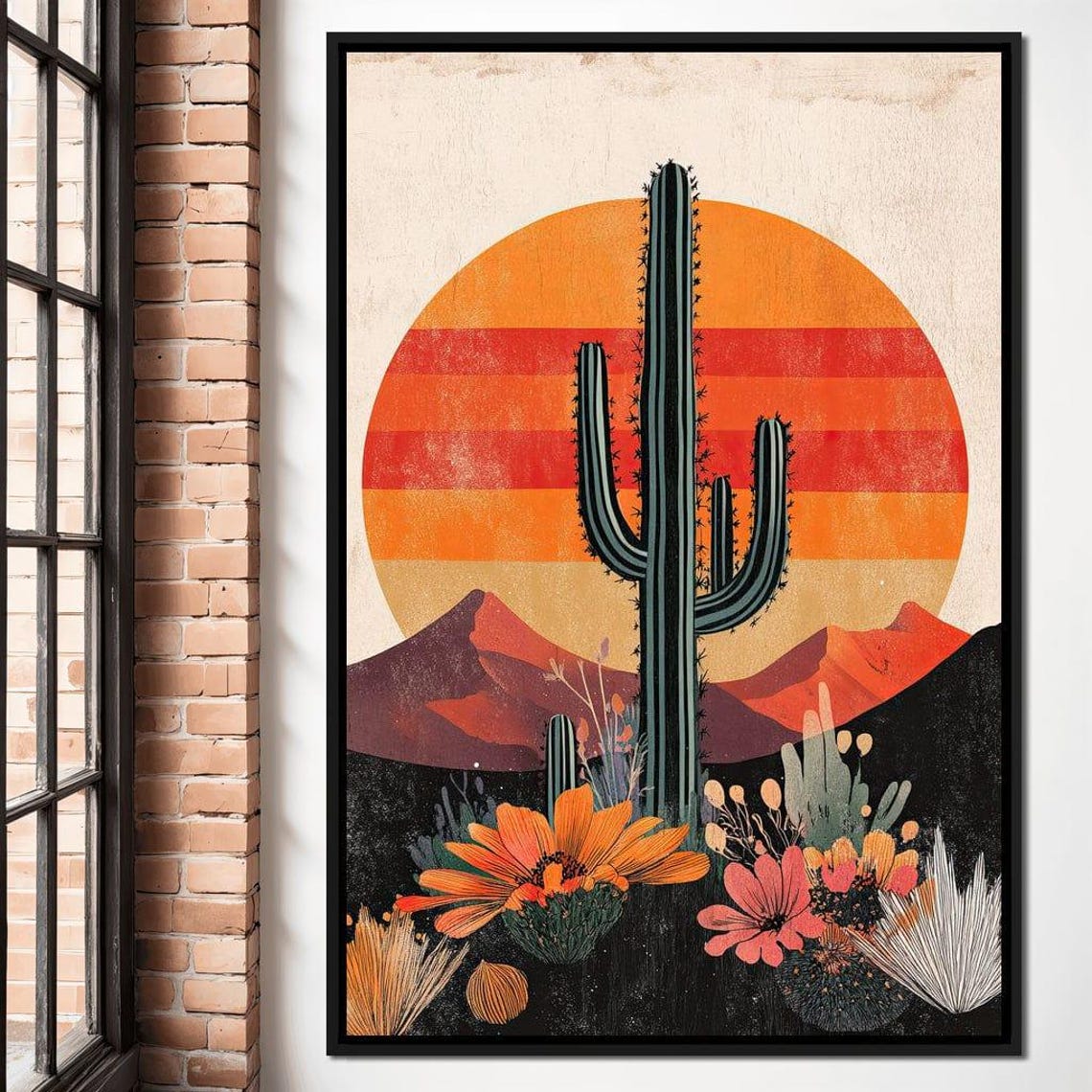 Saguaro Cactus Orange Striped Sun Retro Desert Sunset Wall Art Print - Image 4