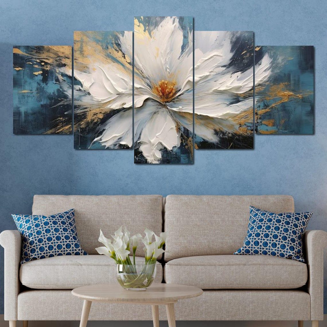 White Magnolia Bloom Gold Accent Navy Five Panel Wall Art Poster