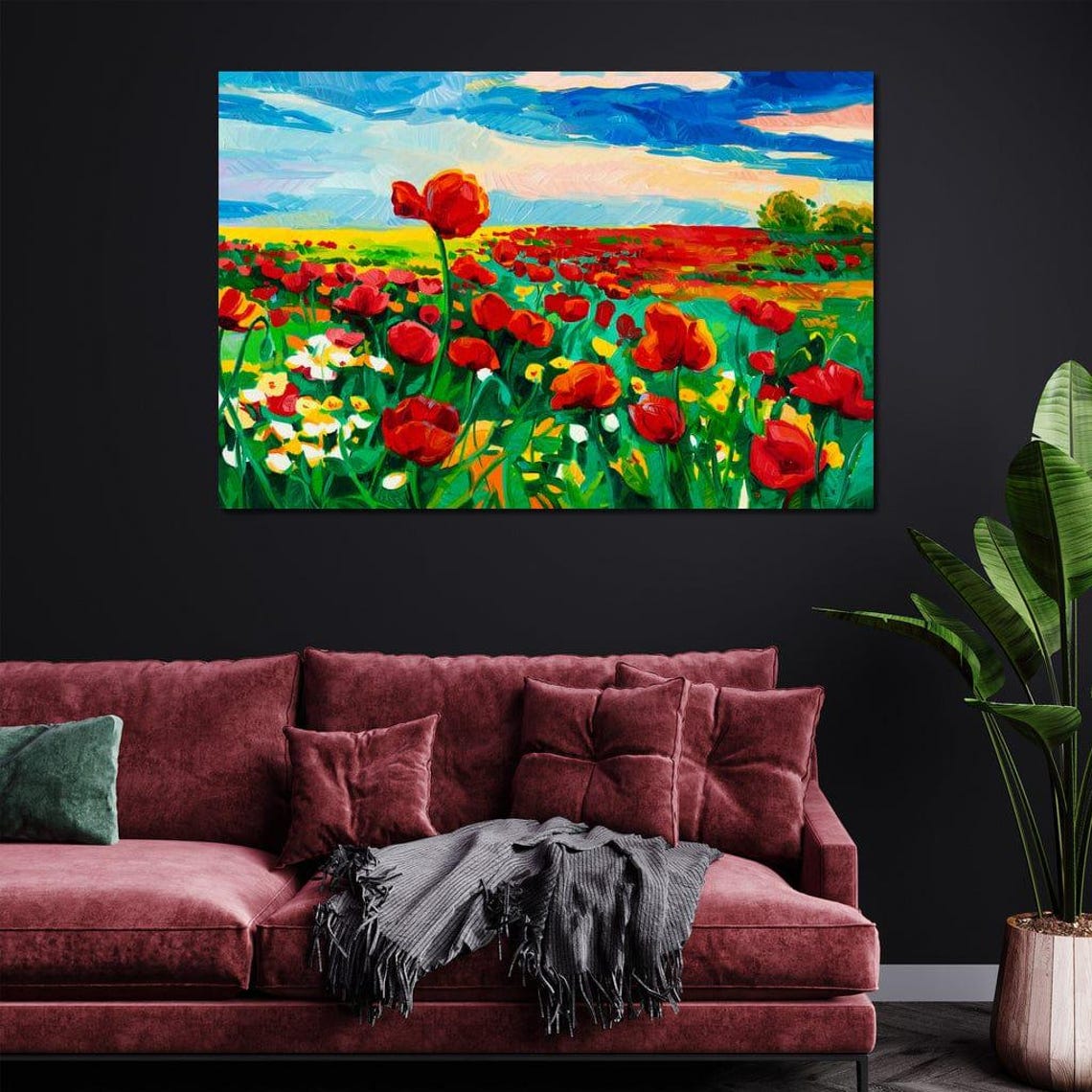 Red Poppy Field Impressionist Meadow Blue Sky Vibrant Art Poster - Image 3