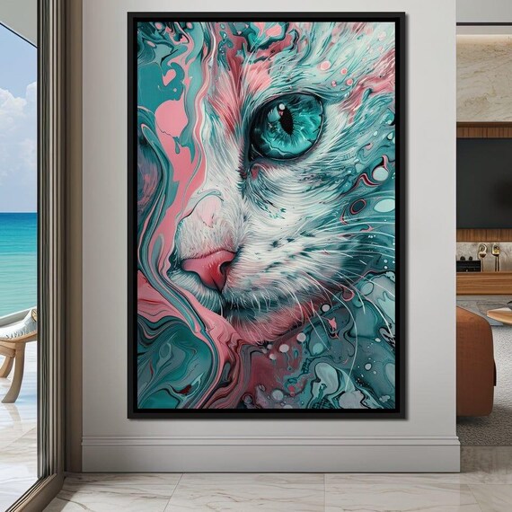 Abstract Cat Face Pink Teal Fluid Art Modern Feline Portrait Wall Art