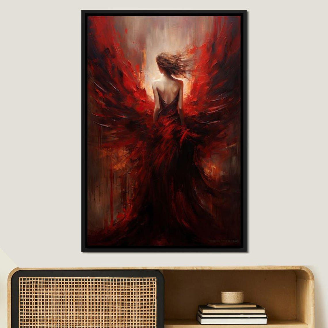 Crimson Shadow Lady In Flowing Red Gown Dramatic Oil Painting Poster - Image 4