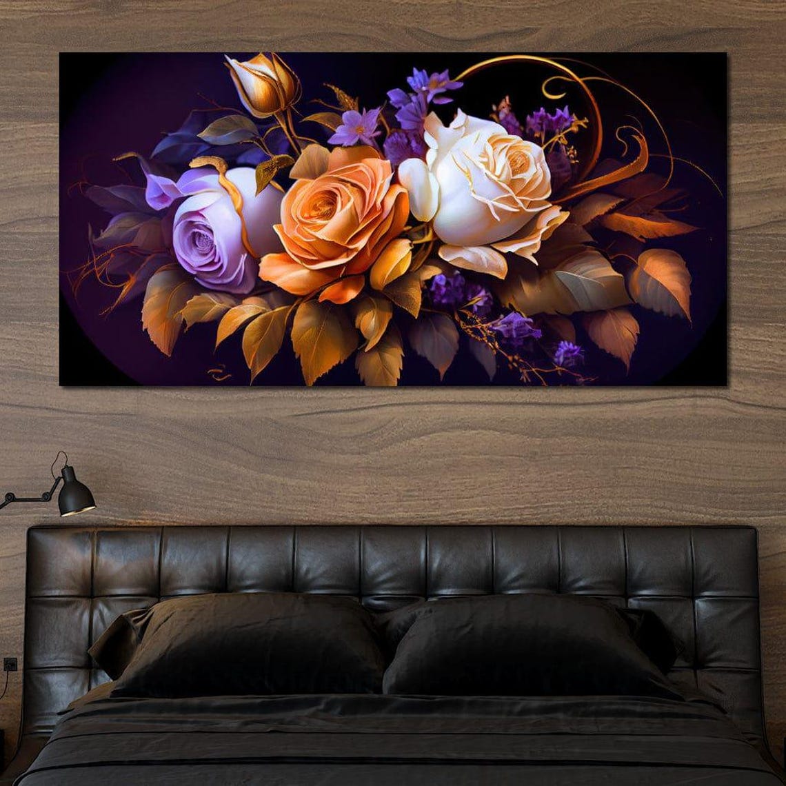 Tangerine White Rose Bouquet Midnight Glow Floral Wall Art Poster - Image 4