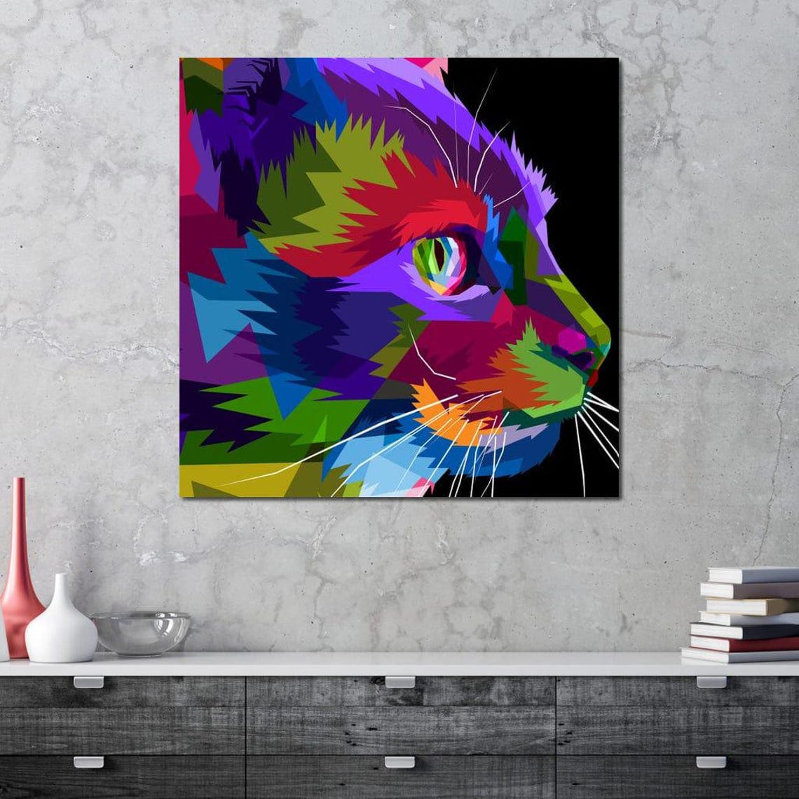 Geometric Pop Art Cat Head Profile Rainbow Colors Modern Animal Poster - Image 3
