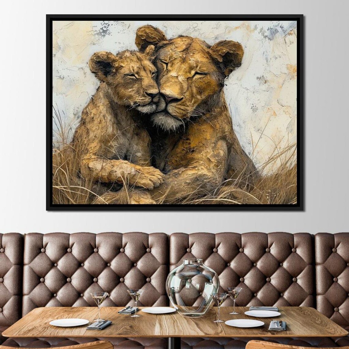 Lioness and Cub Tender Embrace Golden Savanna Wildlife Family Art Poster - Image 4