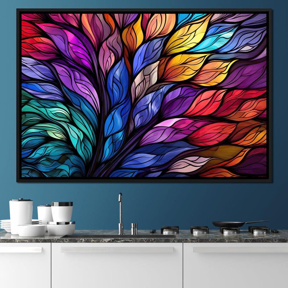 Stained Glass Rainbow Feather Leaves Five Panel Canvas Wall Art - Image 3