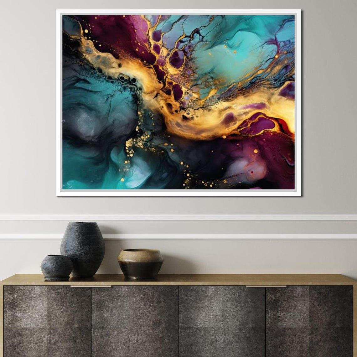 Turquoise Gold Purple Fluid Marble Five Panel Abstract Wall Art - Image 2