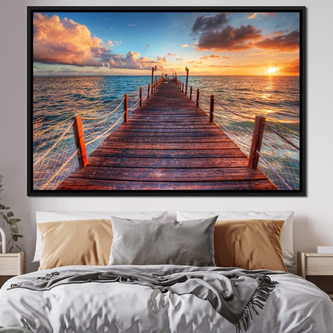Wooden Ocean Pier Stretching into a Glowing Sunset Sea Travel Poster