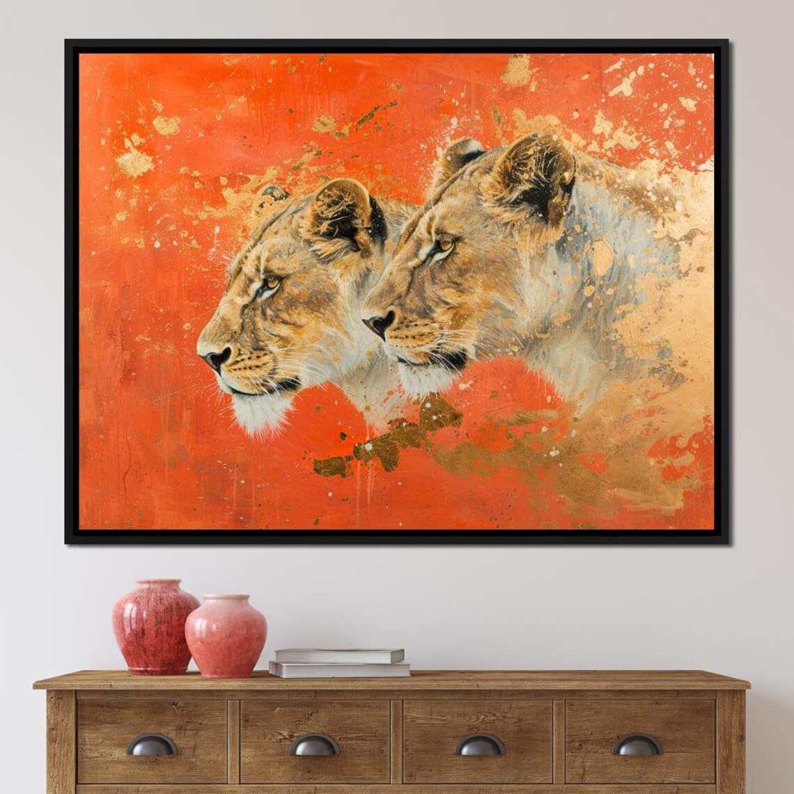 Twin Lionesses Fiery Orange Gold Splash Abstract Wildlife Wall Art Poster - Image 2