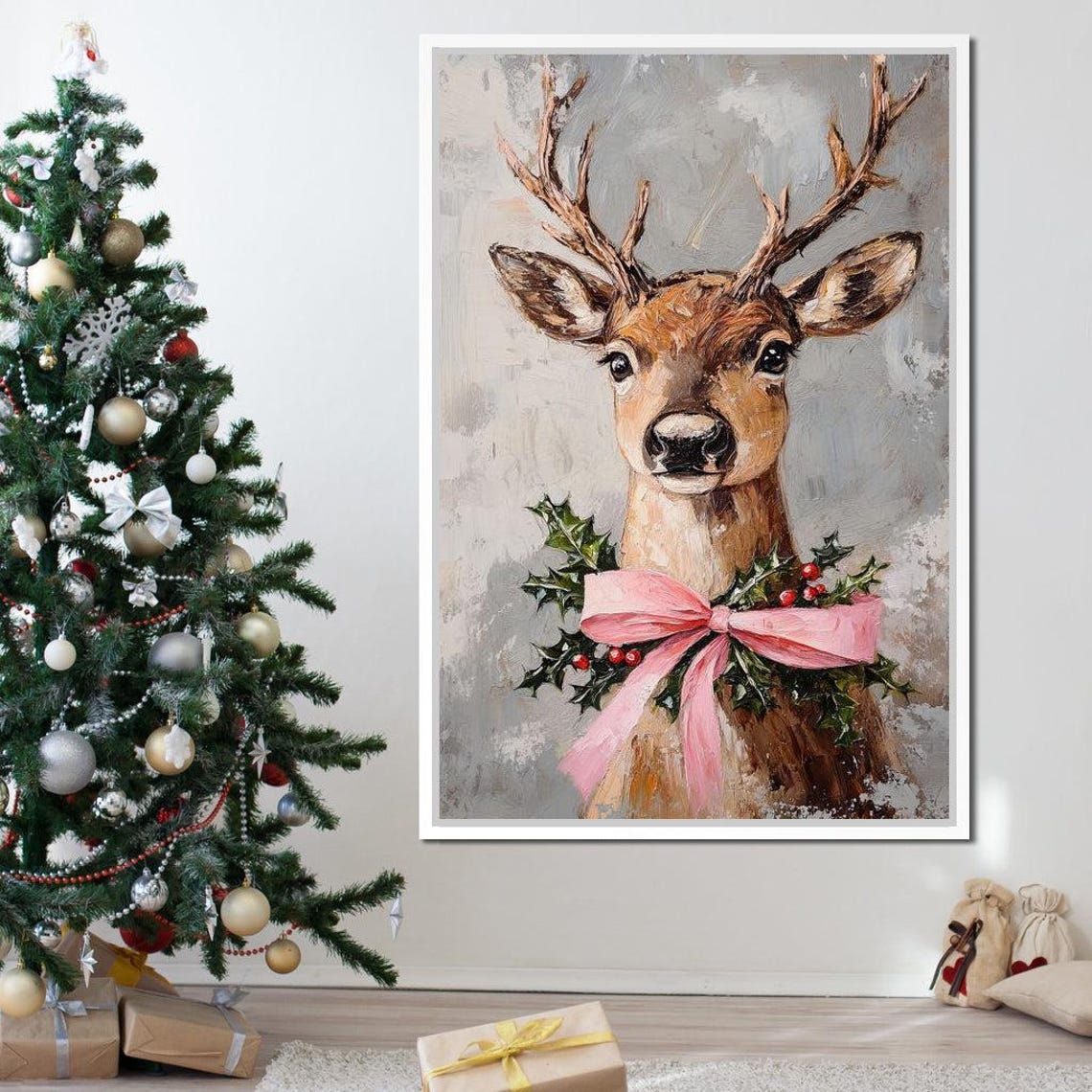 Christmas Reindeer Pink Bow Holly Wreath Festive Winter Wall Art Print - Image 3