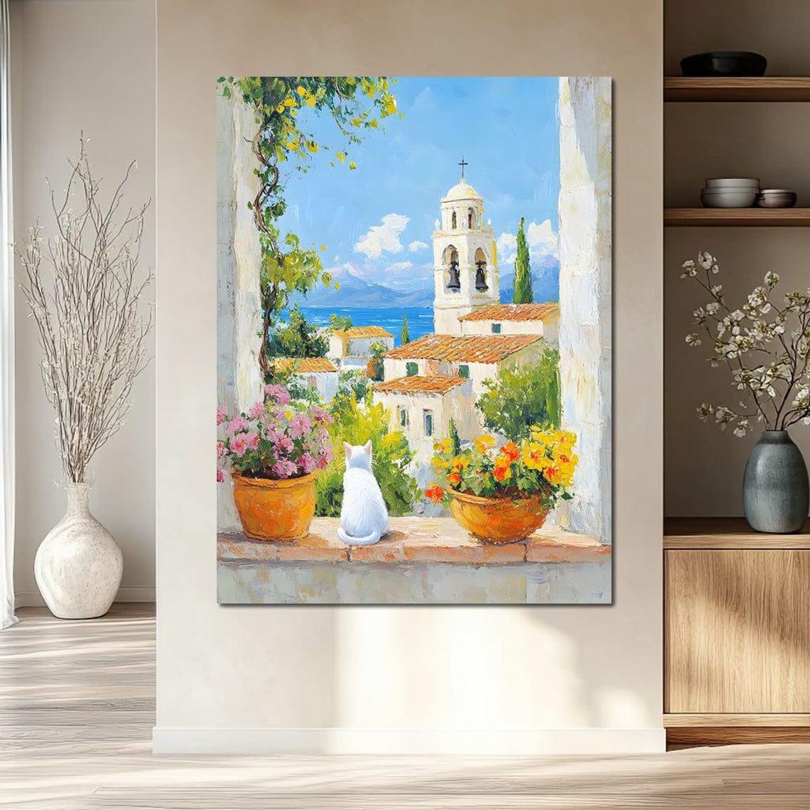 White Cat On Mediterranean Village Windowsill Coastal Poster - Image 2