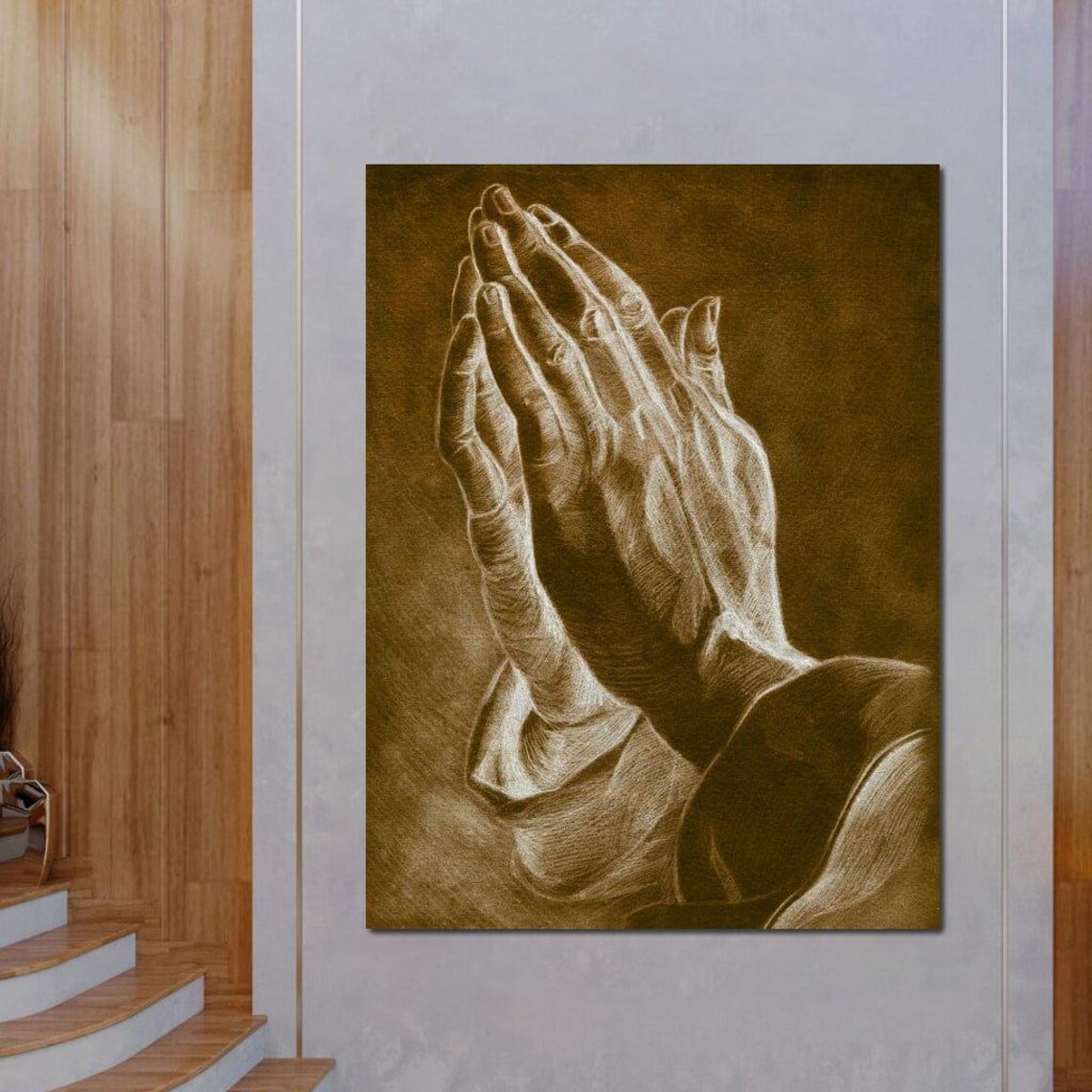 Praying Hands Faith Sketch Warm Sepia Tones Spiritual Serenity Wall Art Poster - Image 3