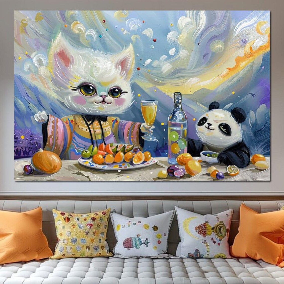 Cute White Kitten Panda Feast Party Whimsical Kids Room Wall Art Poster - Image 3