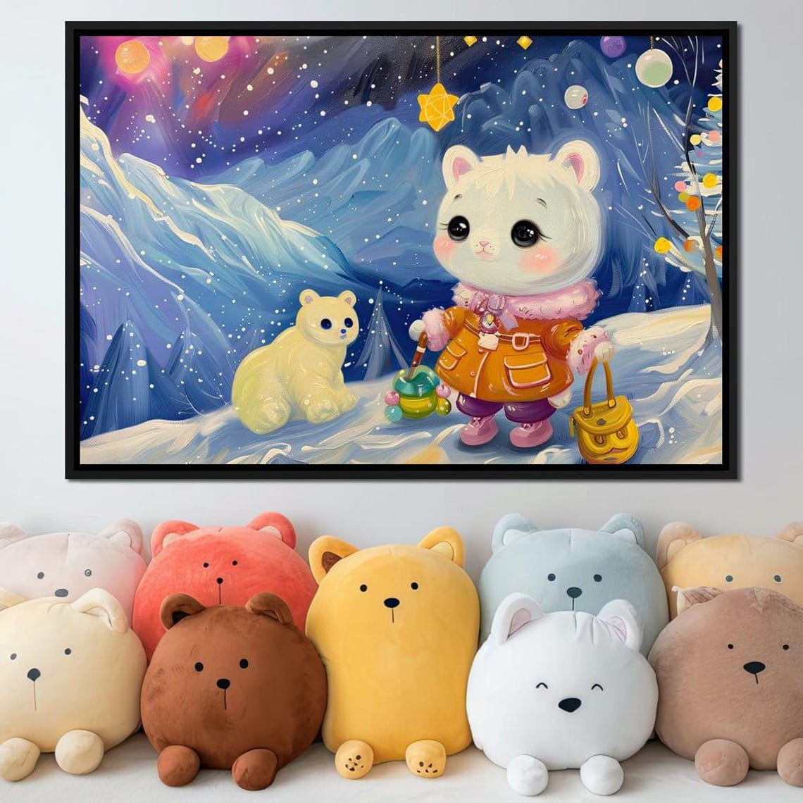Cute Polar Bear Cub With Lantern Snowy Starry Night Kids Art Poster - Image 4