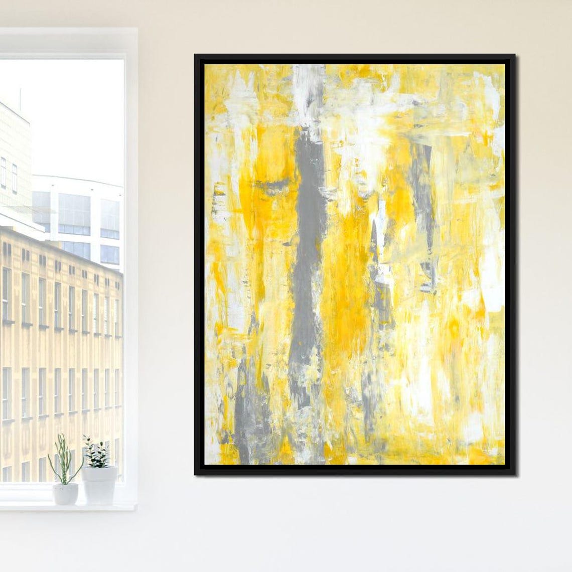 Yellow Grey White Brushstroke Modern Abstract Painting Wall Art