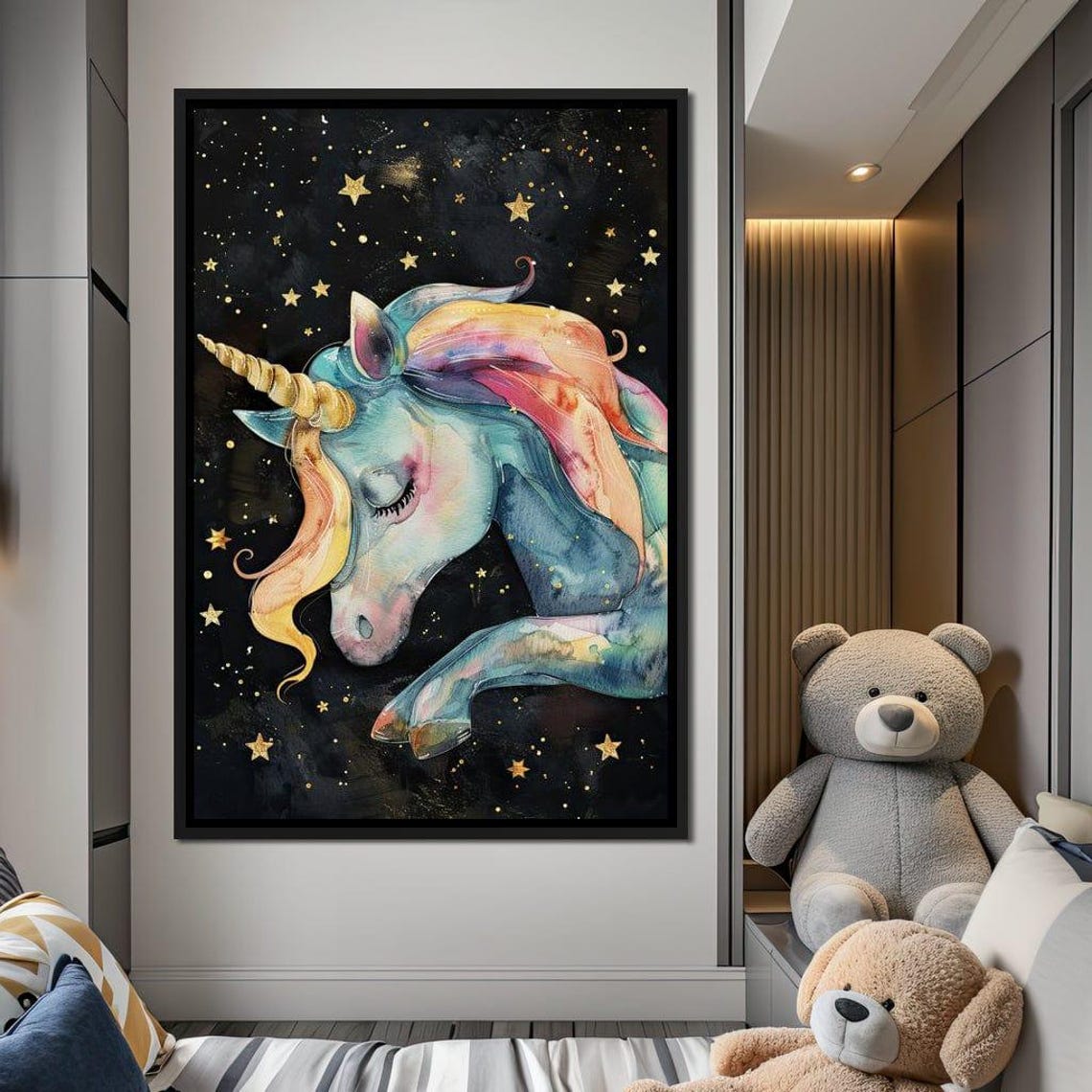 Watercolor Sleeping Unicorn Pastel Dream Starry Night Kids Poster - Image 4