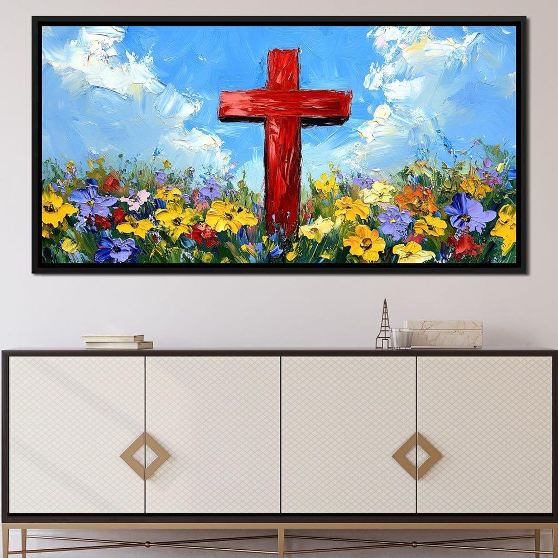 Red Wooden Cross In Colorful Wildflower Meadow Blue Sky Poster - Image 2