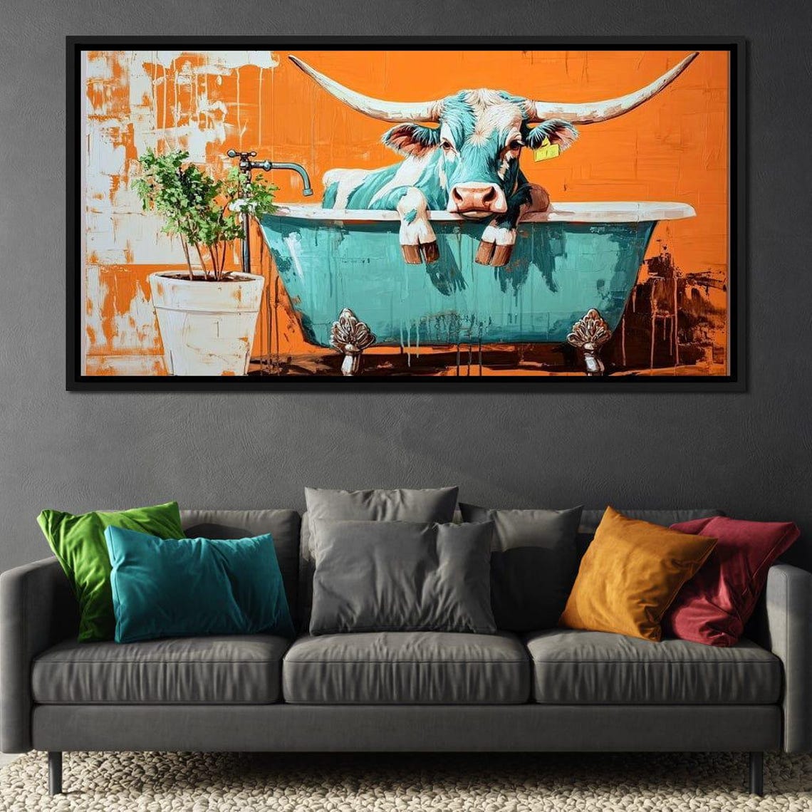 Funny Longhorn in Bathtub Teal Orange Western Bathroom Wall Art Print - Image 3