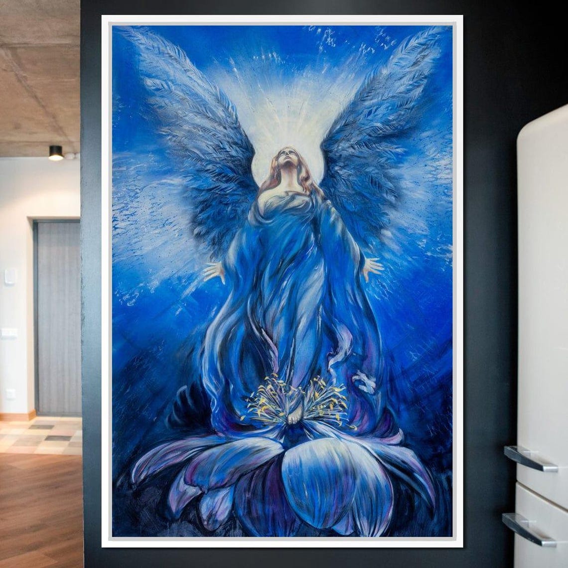 Blue Angel with Wings Rising over Flower Heavenly Spiritual Art Poster